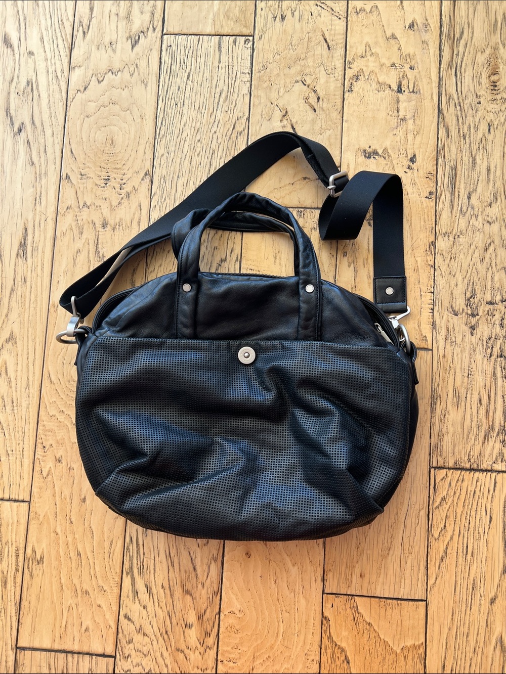 Women's Black Leather Messenger Bag with Adjustable Strap